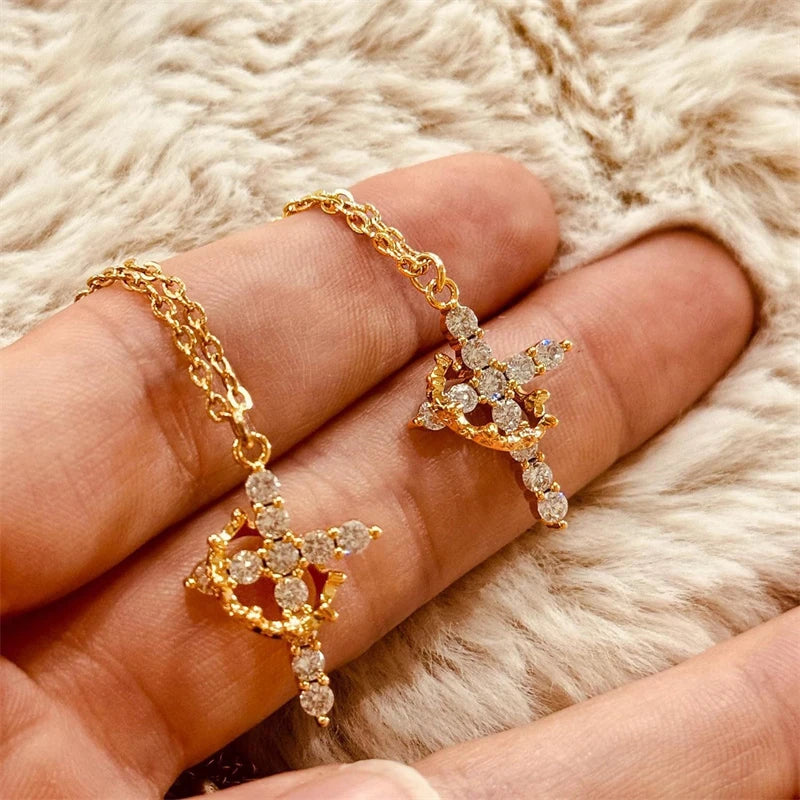 Stainless Steel Chain Copper Cross Pendant Necklace for Women Luxury Zircon Cross Rotatable Crown Necklace Jewelry Drop Shipping
