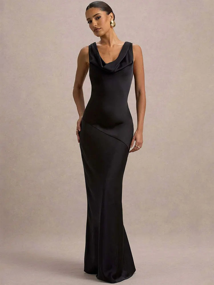 GACVGA Satin Elegant Maxi Evening Dress Women Sleeveless Slim Robe Gowns Sexy Bodycon Club Party Long Dresses Vestido