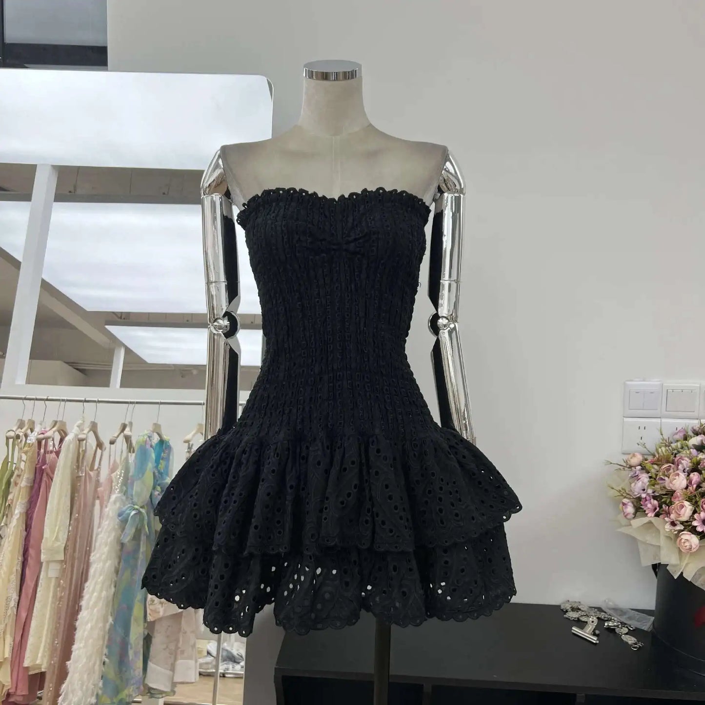 Luxury Embroidery Print Short Dresses Women 2025 Summer Holiday Stretchy Corset Bustier Ruffle Cake Dress Elegant Party Vestidos