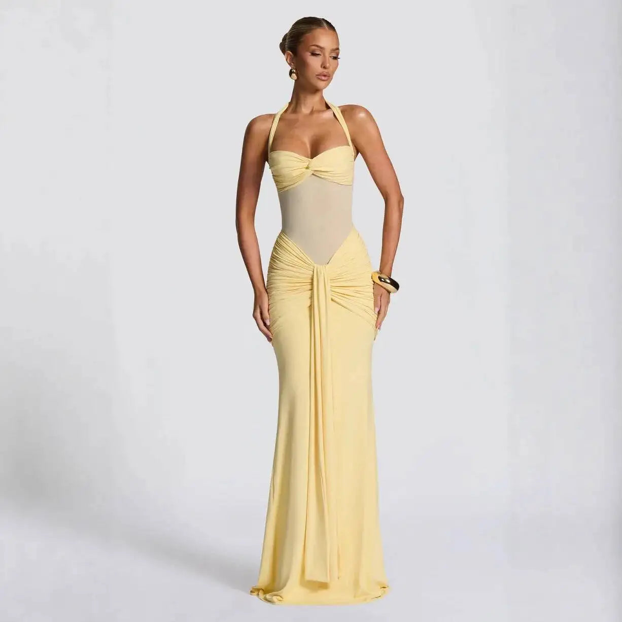 Giyu Sexy Evening Club Party Dresses 2025 Women Summer See Through Mesh Maxi Long Dress Bodycon Draped Ruched Mermaid Robe