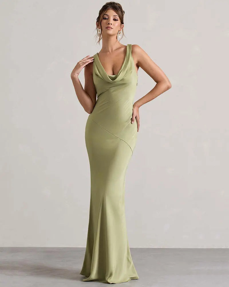 GACVGA Satin Elegant Maxi Evening Dress Women Sleeveless Slim Robe Gowns Sexy Bodycon Club Party Long Dresses Vestido