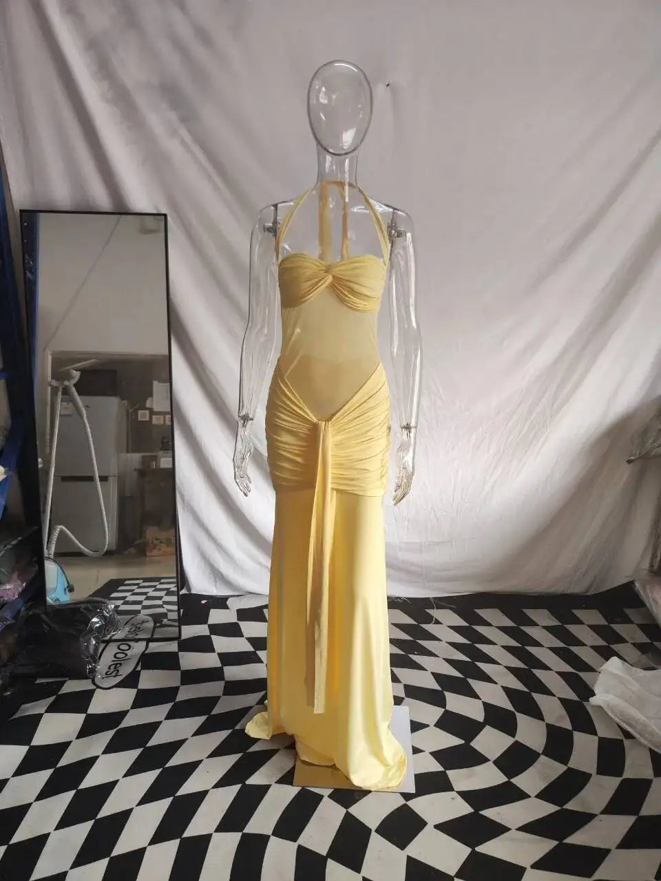 Giyu Sexy Evening Club Party Dresses 2025 Women Summer See Through Mesh Maxi Long Dress Bodycon Draped Ruched Mermaid Robe