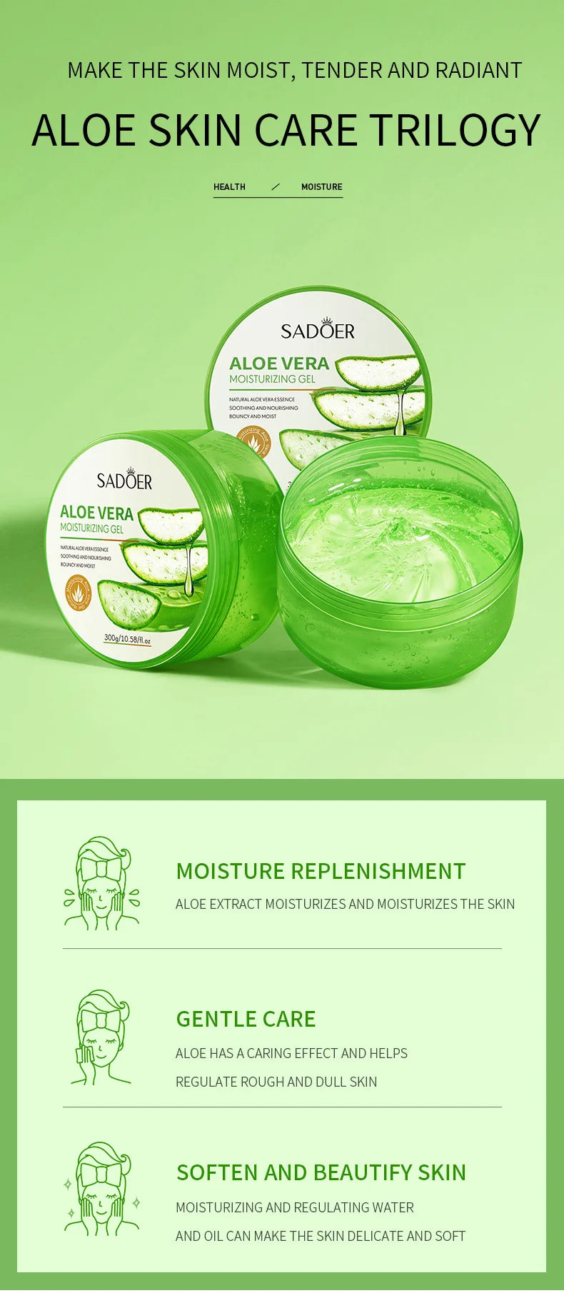 300g SADOER Aloe Vera Gel Creams Moisturizing Brightening Nourishing Firming Hydrating Face Cream Facial Skin Care Products