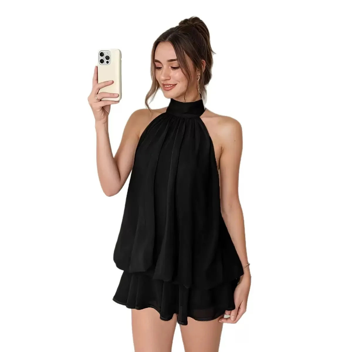 Lady Sexy Backless Halter Chiffon Mini Dress Women Chic Sleeveless Off-shoulder Pleated A-line Dresses New Summer Vacation Gowns