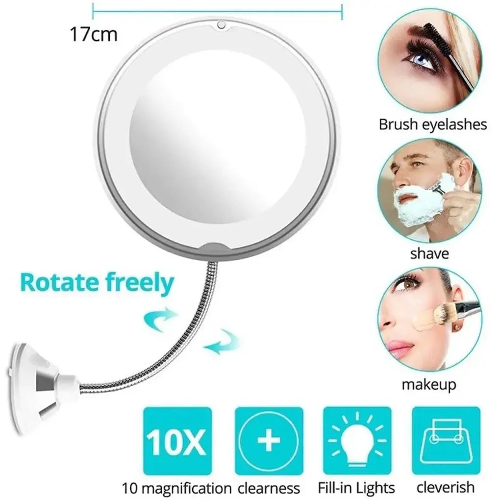LED Makeup Mirror with 10X Magnifier & Flexible Gooseneck – Suction Cup, Diffused Light, 360° Rotation for Bathroom & Vanity