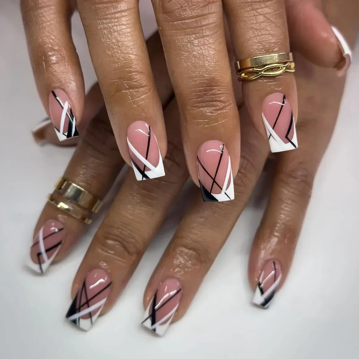24pcs Press on Nails Short Almond Bowknot Black Press on Nails White Pearl Sweet French Tip Press on Nails Cute Nail Artificial