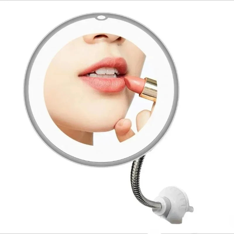 LED Makeup Mirror with 10X Magnifier & Flexible Gooseneck – Suction Cup, Diffused Light, 360° Rotation for Bathroom & Vanity