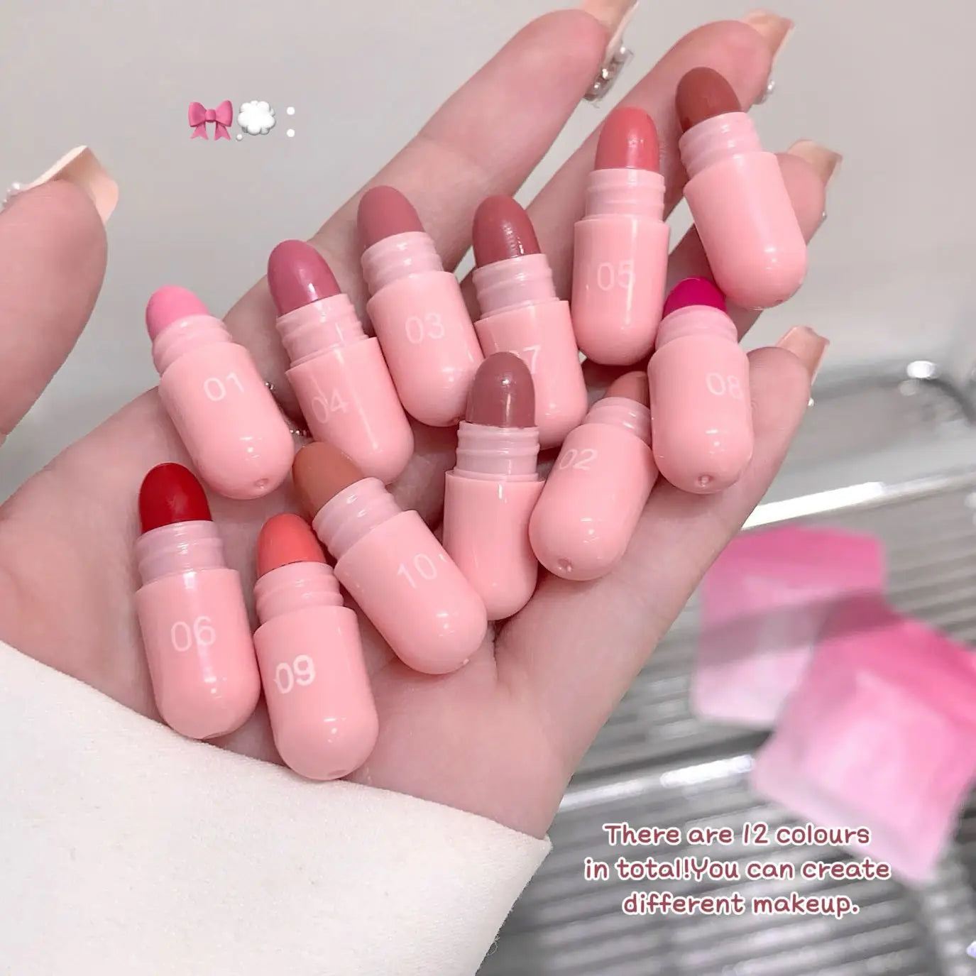 12-Color Pink Lip and Cheek Dual-Use Capsule Lipstick Set Long-Lasting, Color-Retaining, Waterproof  makeup