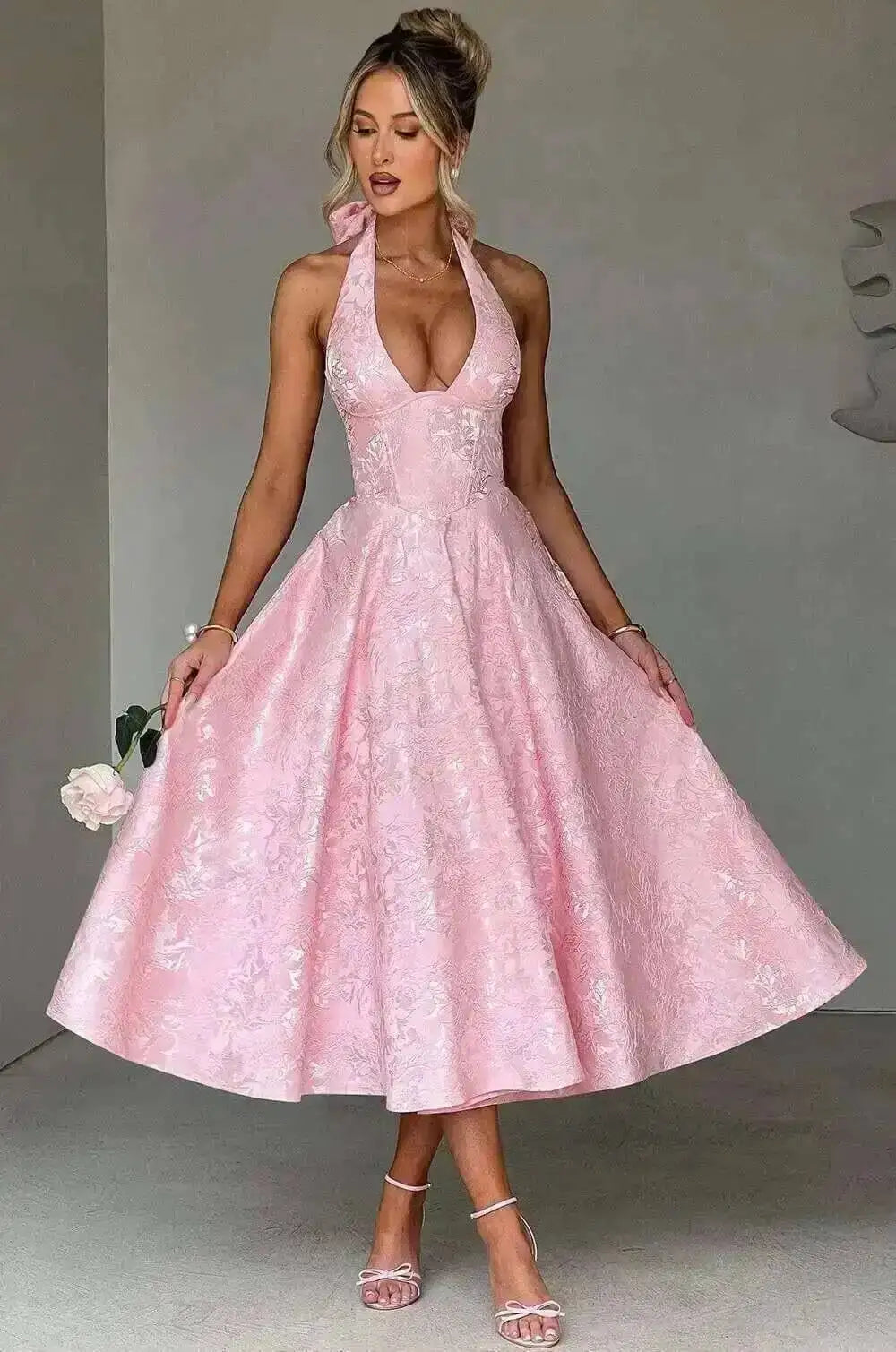 Giyu Club Evening Party Dresses Women 2025 Summer Sexy Bow Halter Long Dress Elegant Jacquard Lace Up Backless Birthday Robe