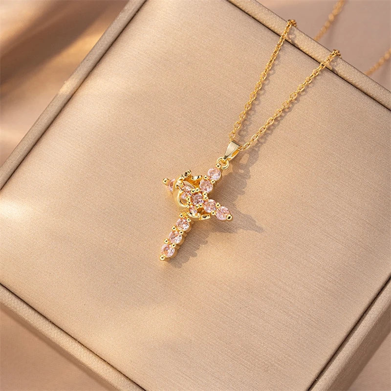 Stainless Steel Chain Copper Cross Pendant Necklace for Women Luxury Zircon Cross Rotatable Crown Necklace Jewelry Drop Shipping