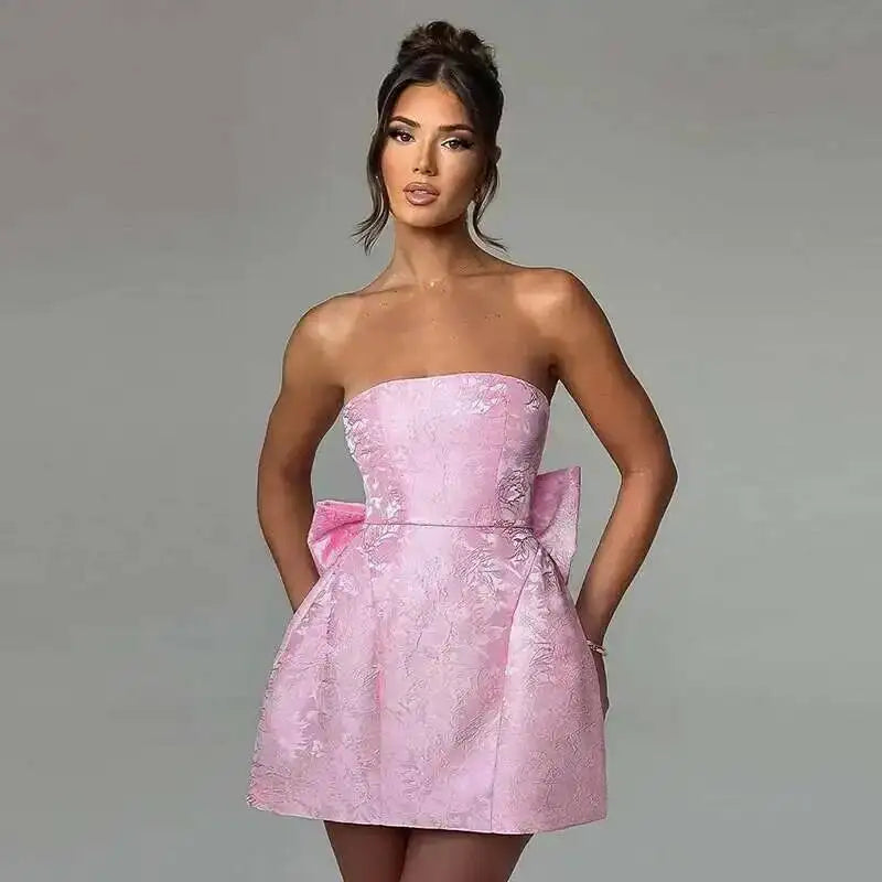 Giyu Club Evening Party Dresses Women 2025 Summer Sexy Bow Halter Long Dress Elegant Jacquard Lace Up Backless Birthday Robe