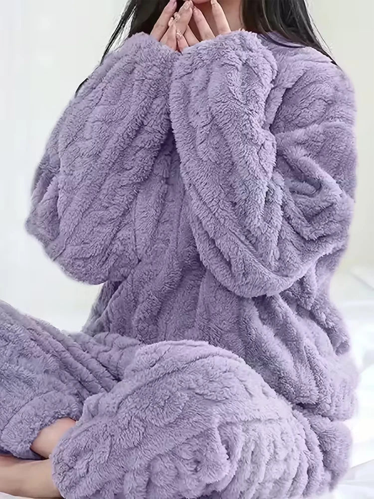 Thickened Warm Sleepwear for Women Flannel Suit with Fleece Lining Ladies Pajamas Sets Homewear Nightwear Warm Long-Sleeve Pants