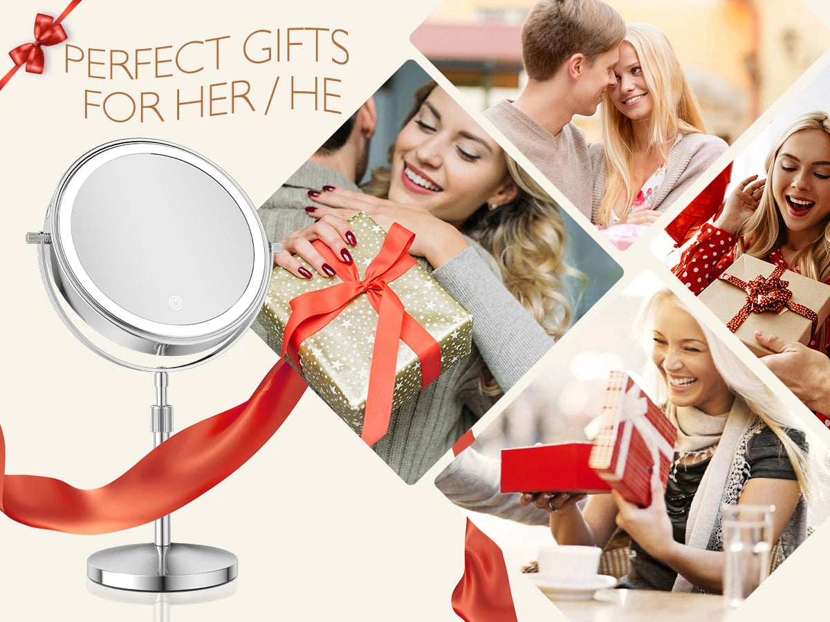 8 Inch Makeup Mirror With Light Lamp 10X Magnification 3 Color Lights,Adjustable Brightness Height Standing Cosmetic Mirror