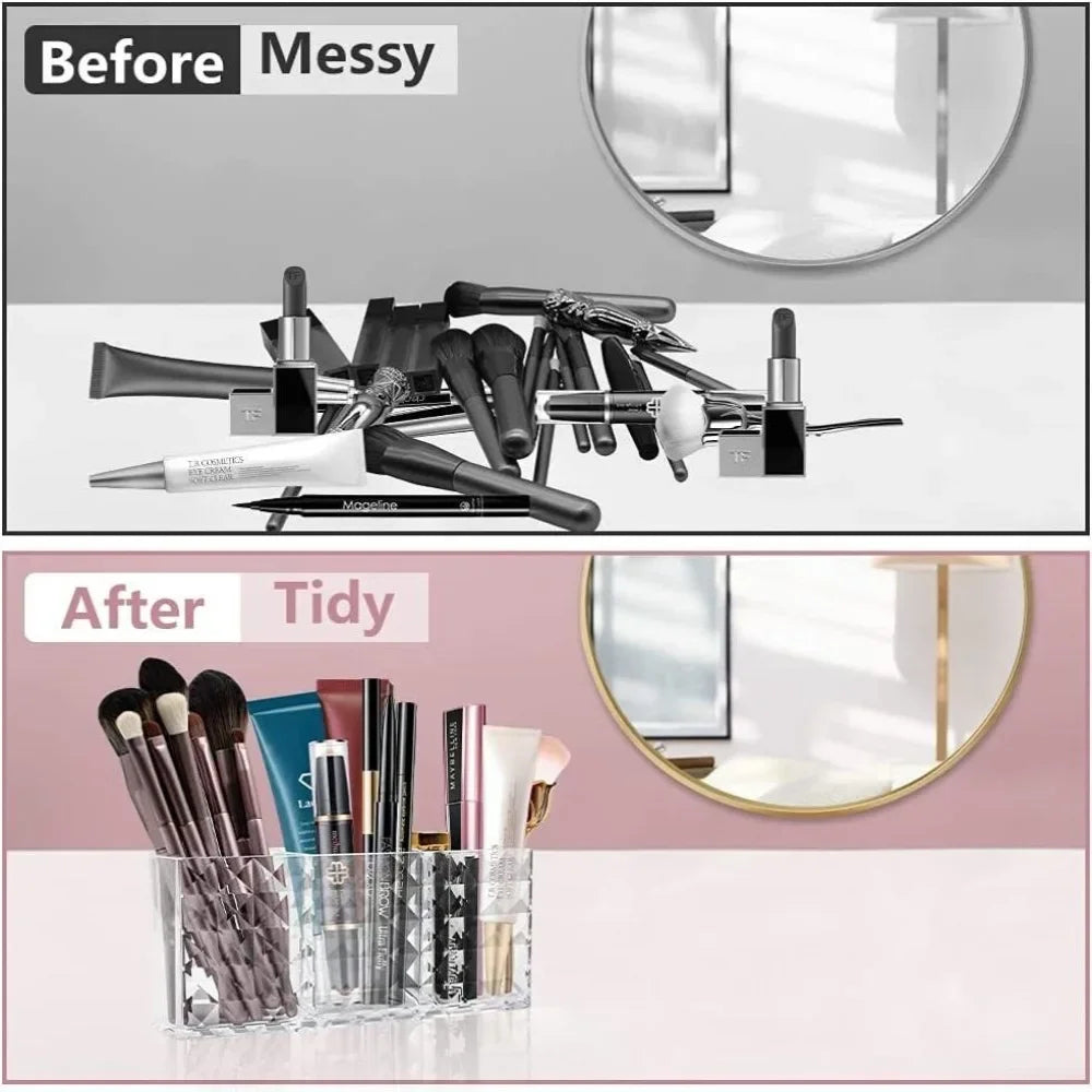 Acrylic Transparent Three Grid Cosmetic Storage Box Diamond Pattern Makeup Pen Eyebrow Pen Storage Box Desktop Pen Holder