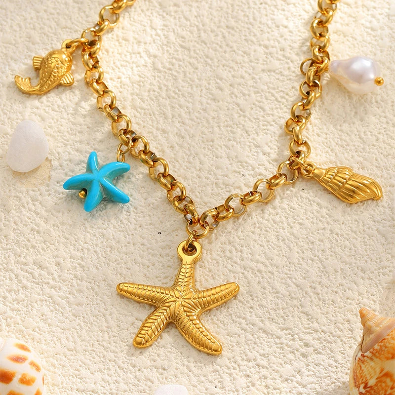 316L Stainless Steel New Fashion Jewelry 18K Gold-plated Tropical Ocean Fish Starfish Conch  Charm Chain Women Choker Necklaces