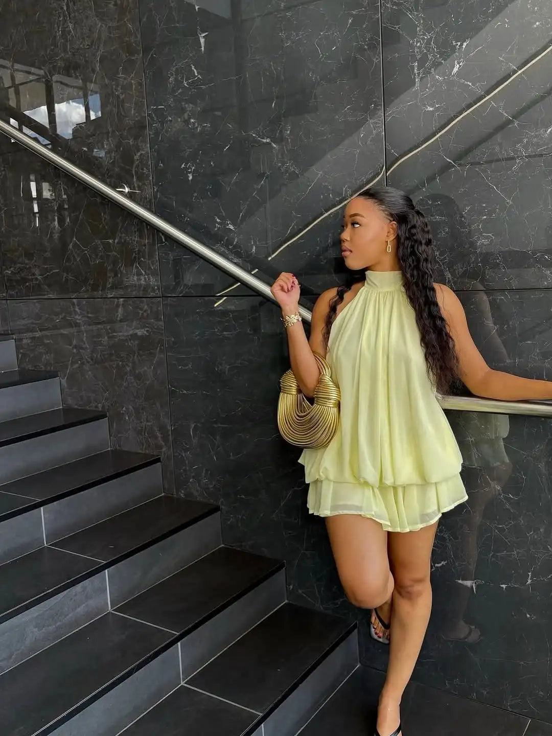 Lady Sexy Backless Halter Chiffon Mini Dress Women Chic Sleeveless Off-shoulder Pleated A-line Dresses New Summer Vacation Gowns