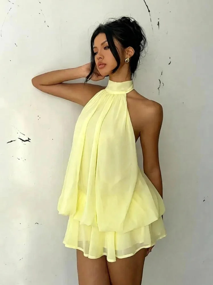 Lady Sexy Backless Halter Chiffon Mini Dress Women Chic Sleeveless Off-shoulder Pleated A-line Dresses New Summer Vacation Gowns