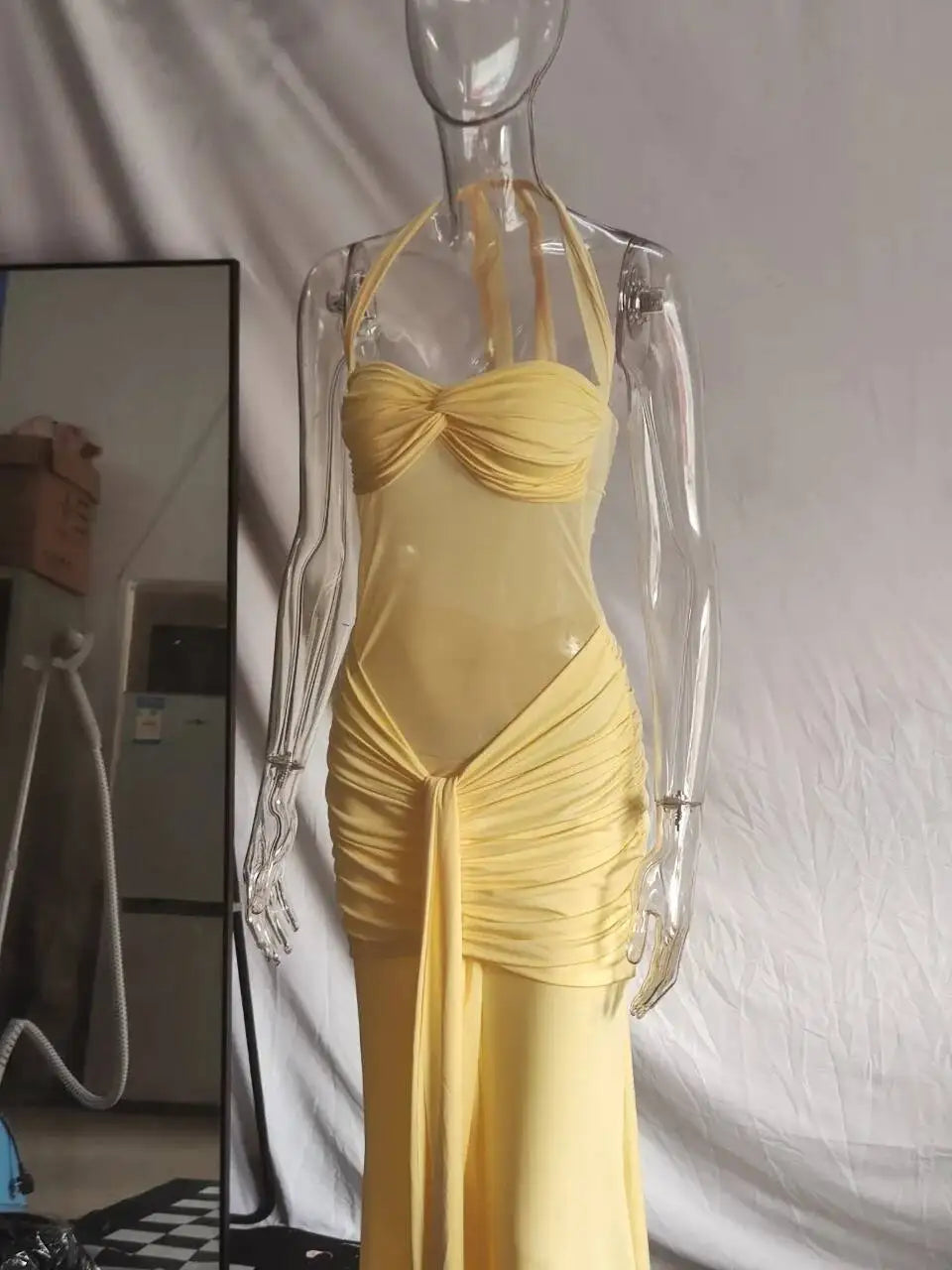 Giyu Sexy Evening Club Party Dresses 2025 Women Summer See Through Mesh Maxi Long Dress Bodycon Draped Ruched Mermaid Robe