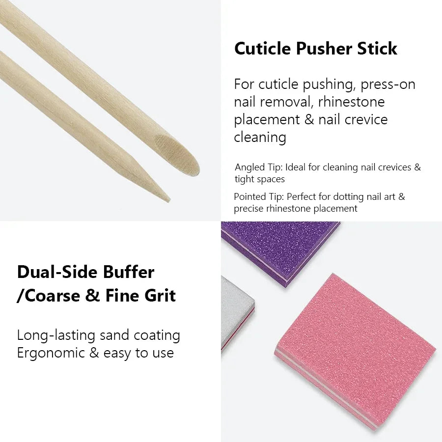 1/3/5 Set Press On Nails Prep Kit with Nail File Buffer Polishing Tool Cuticle Stick Cleaning Brush, Home Manicure Pedicure
