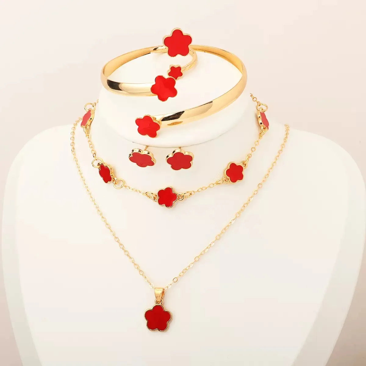 5Pcs Lucky Five-petal Flower Clover Earrings Necklace Ring Bracelet Five-piece for Woman Fashionable Accessories Party Jewelry