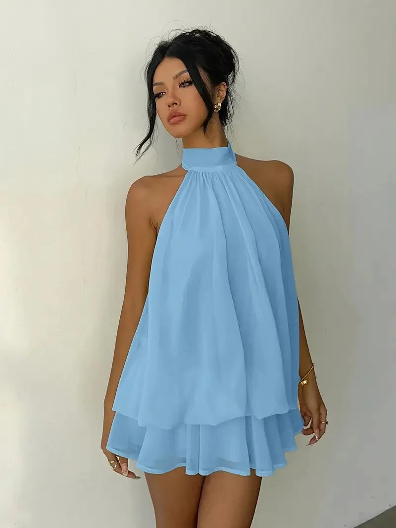 Lady Sexy Backless Halter Chiffon Mini Dress Women Chic Sleeveless Off-shoulder Pleated A-line Dresses New Summer Vacation Gowns