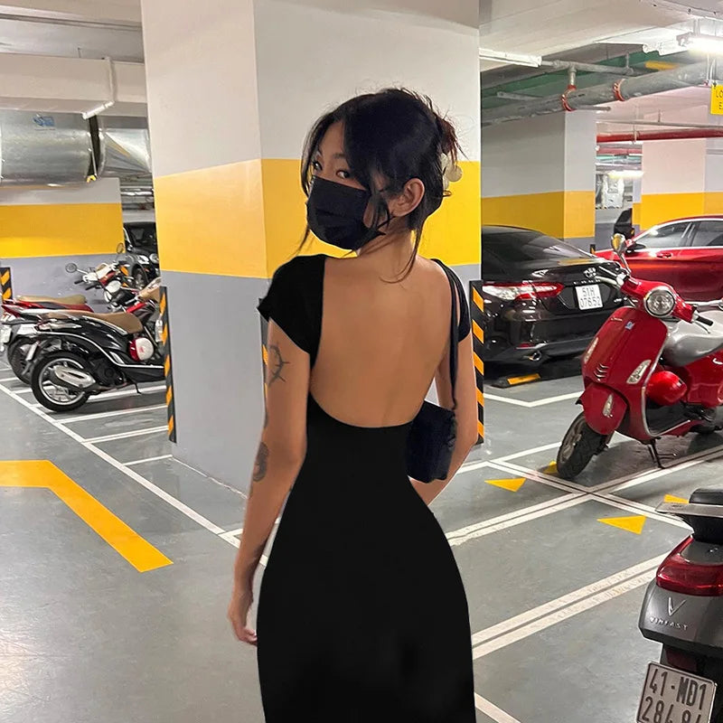 BOOFEENAA Short Sleeve Backless Long Dresses Sexy Outfits for Women Clothes Basics Casual Bodycon Grey Black Dress C71-BH23