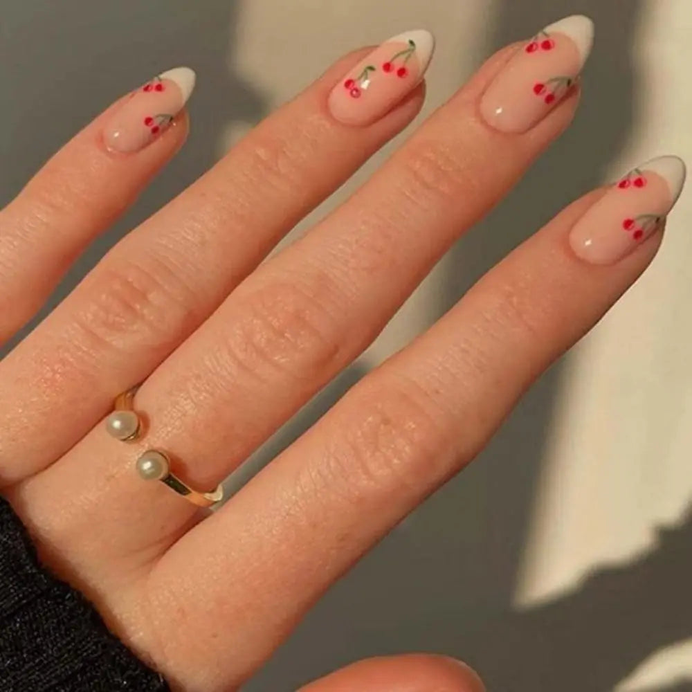 24Pcs Detachable Acrylic False Nails Press On Nail Cute Cherry French Almond Wearable Artificial Fake Nails Full Cover Nail Tips
