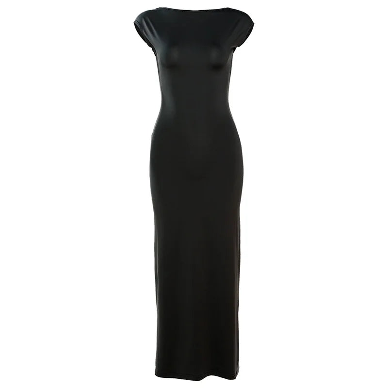 BOOFEENAA Short Sleeve Backless Long Dresses Sexy Outfits for Women Clothes Basics Casual Bodycon Grey Black Dress C71-BH23