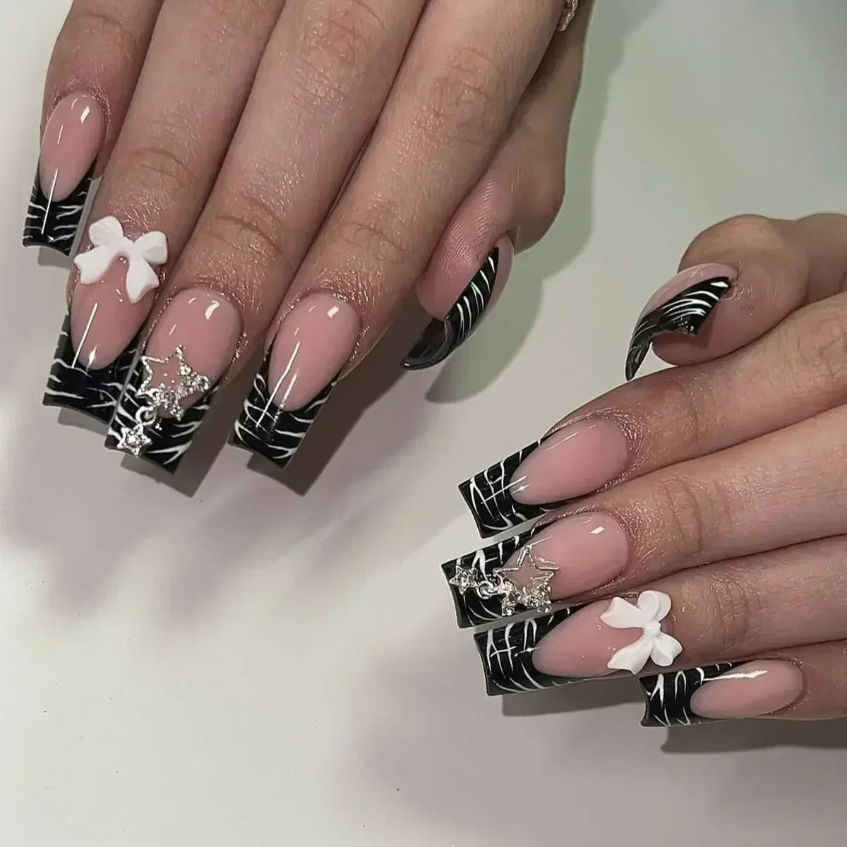 24pcs Press on Nails Short Almond Bowknot Black Press on Nails White Pearl Sweet French Tip Press on Nails Cute Nail Artificial