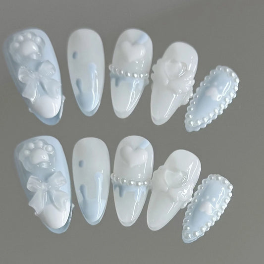 Handmade Press on Nails with Cute Bear Paw Design Light Blue Fake Nails Full Cover Wearable Sweet Korean Almond False Nail Tips