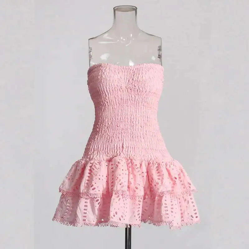 Luxury Embroidery Print Short Dresses Women 2025 Summer Holiday Stretchy Corset Bustier Ruffle Cake Dress Elegant Party Vestidos