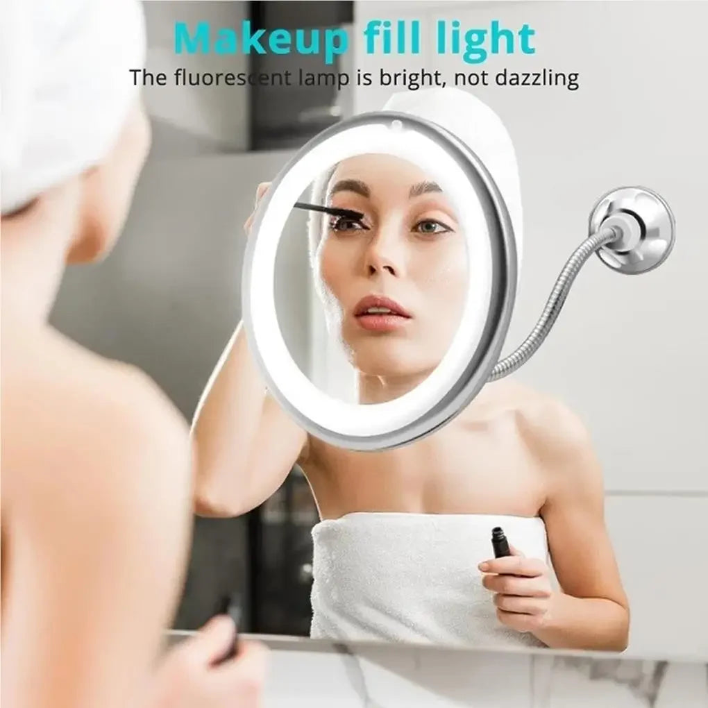 LED Makeup Mirror with 10X Magnifier & Flexible Gooseneck – Suction Cup, Diffused Light, 360° Rotation for Bathroom & Vanity