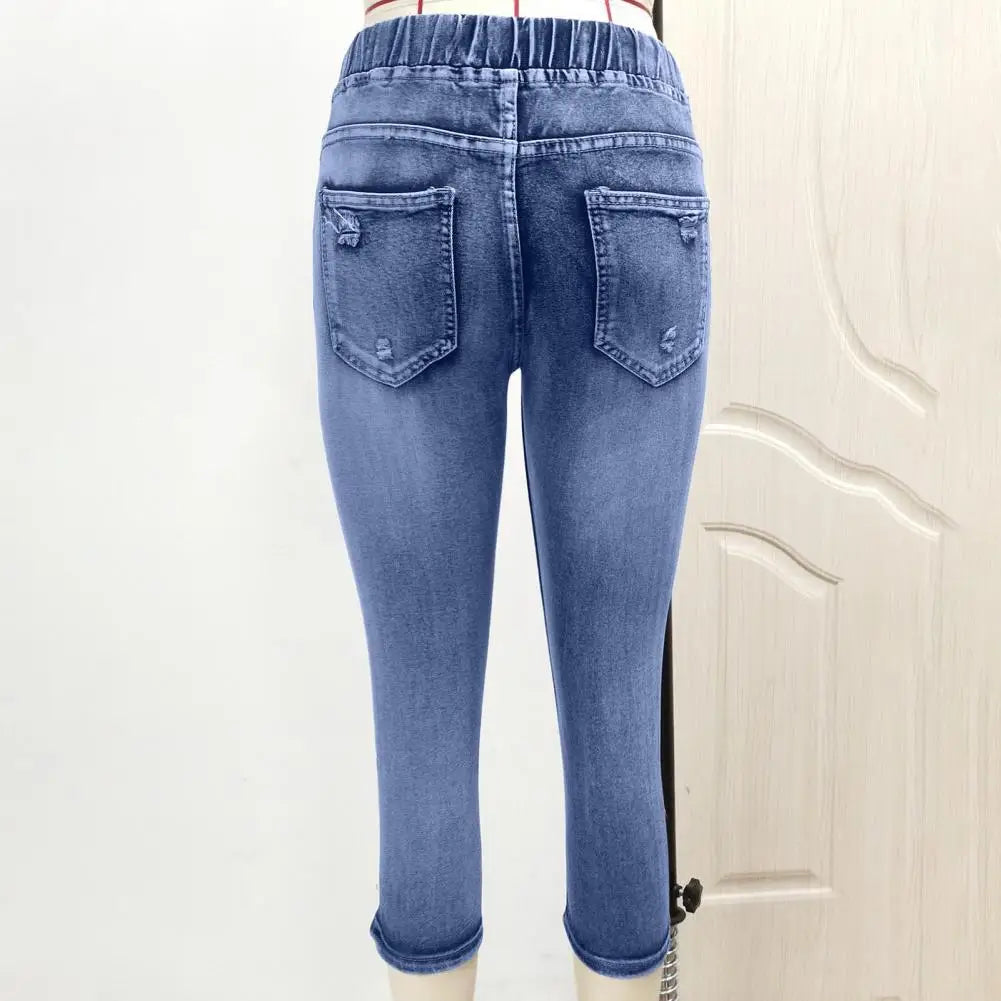 2024 High Waist Jeans Women Leggings Vintage Elastic High Waist Drawstring Pockets Denim Pants Calf Length Jeans Slim Fit Capris