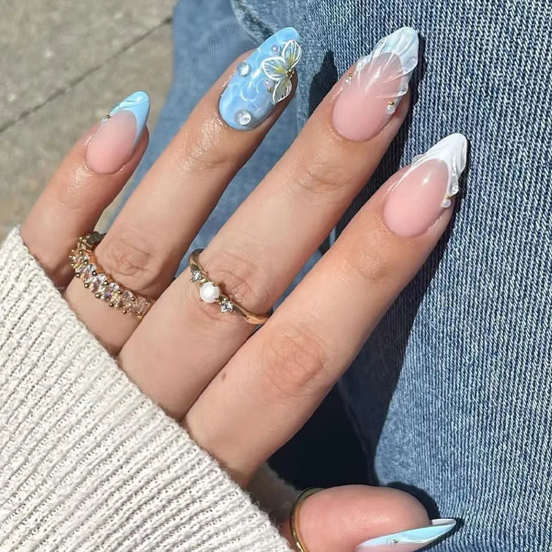 24Pcs Long 3D French Press on Fake Nails Blue Shell Design False Nails with White Pearl Wearable Almond Full Cover Nail Art Tips