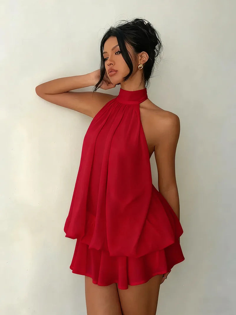 Lady Sexy Backless Halter Chiffon Mini Dress Women Chic Sleeveless Off-shoulder Pleated A-line Dresses New Summer Vacation Gowns