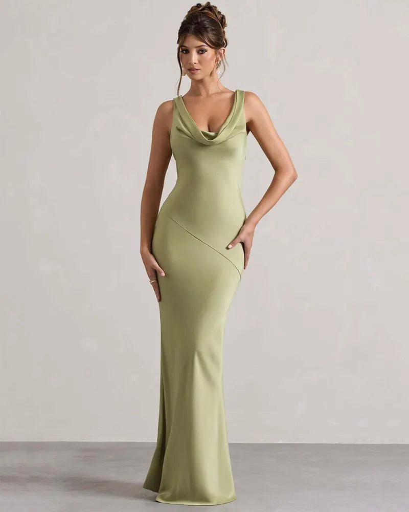GACVGA Satin Elegant Maxi Evening Dress Women Sleeveless Slim Robe Gowns Sexy Bodycon Club Party Long Dresses Vestido