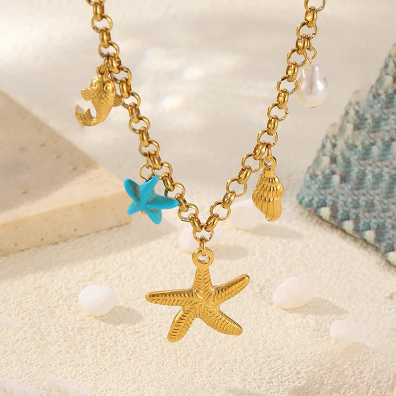316L Stainless Steel New Fashion Jewelry 18K Gold-plated Tropical Ocean Fish Starfish Conch  Charm Chain Women Choker Necklaces