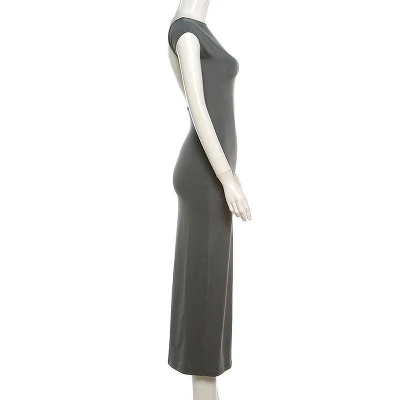 BOOFEENAA Short Sleeve Backless Long Dresses Sexy Outfits for Women Clothes Basics Casual Bodycon Grey Black Dress C71-BH23