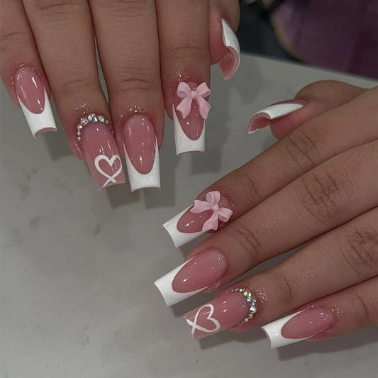 Chic Bows Tie Adorned Press On Nails Medium Long False Nails Full Cover Glossy Nude Square Acrylic False Nails Drop Shipping