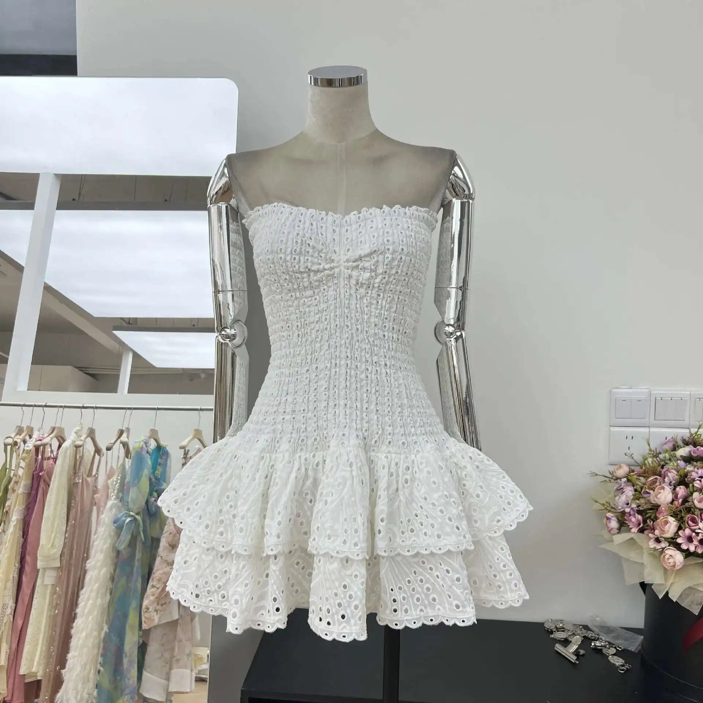 Luxury Embroidery Print Short Dresses Women 2025 Summer Holiday Stretchy Corset Bustier Ruffle Cake Dress Elegant Party Vestidos