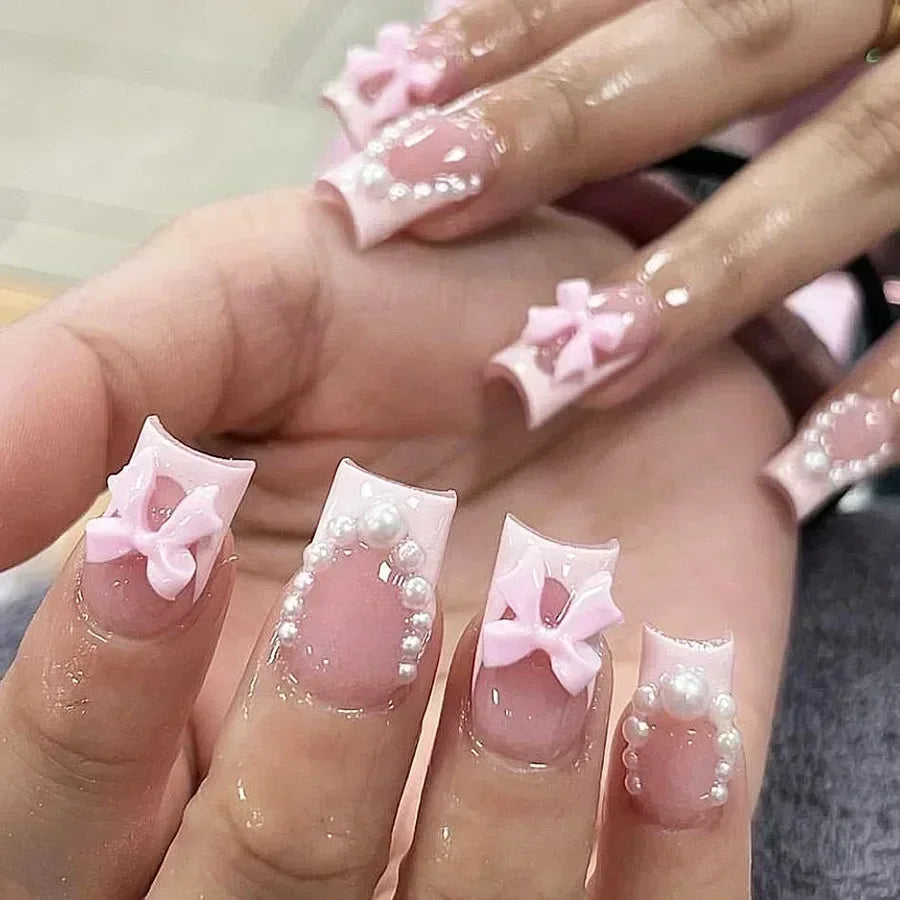 24pcs Press on Nails Short Almond Bowknot Black Press on Nails White Pearl Sweet French Tip Press on Nails Cute Nail Artificial