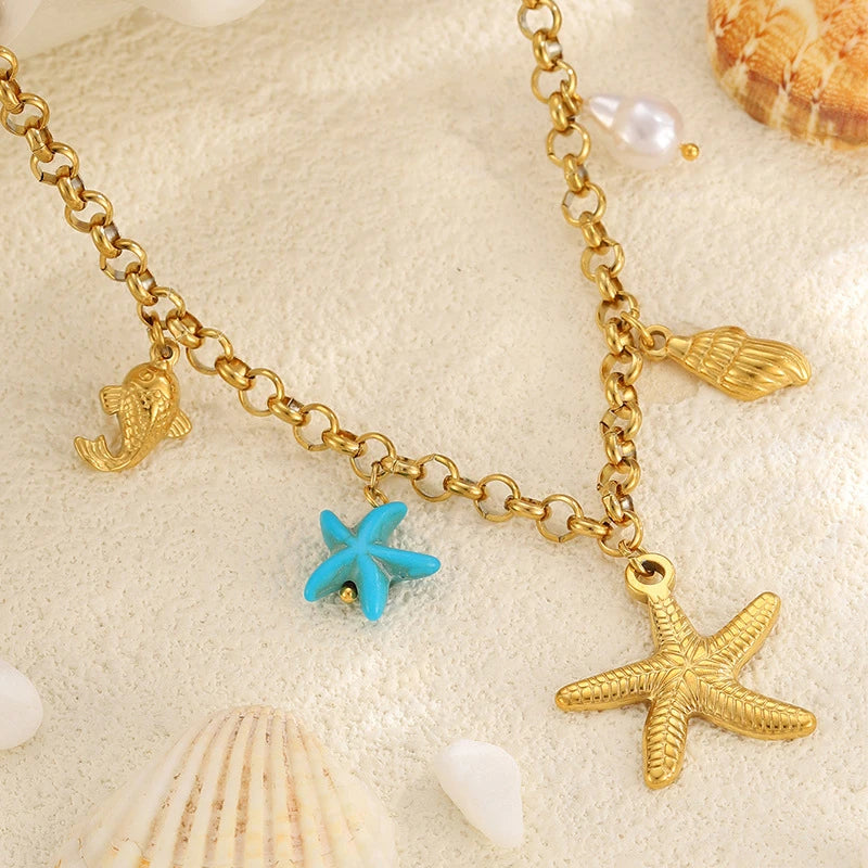 316L Stainless Steel New Fashion Jewelry 18K Gold-plated Tropical Ocean Fish Starfish Conch  Charm Chain Women Choker Necklaces