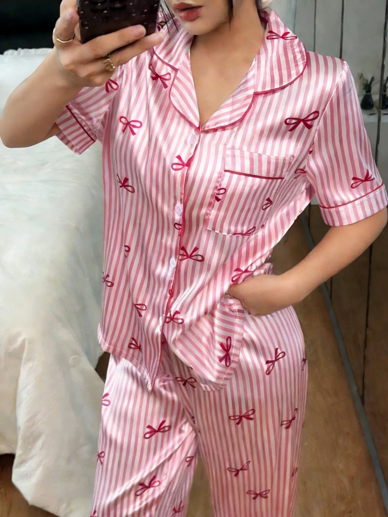 Summer Silk Satin Women Pajamas Set Button Down Top & Pants 2 Pieces Sleepwear Notched Collar Nightwear Loungewear for Women