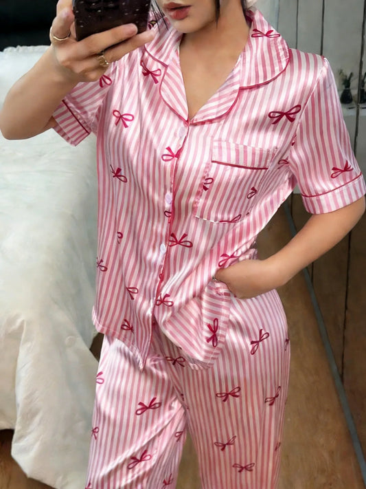 Summer Silk Satin Women Pajamas Set Button Down Top & Pants 2 Pieces Sleepwear Notched Collar Nightwear Loungewear for Women