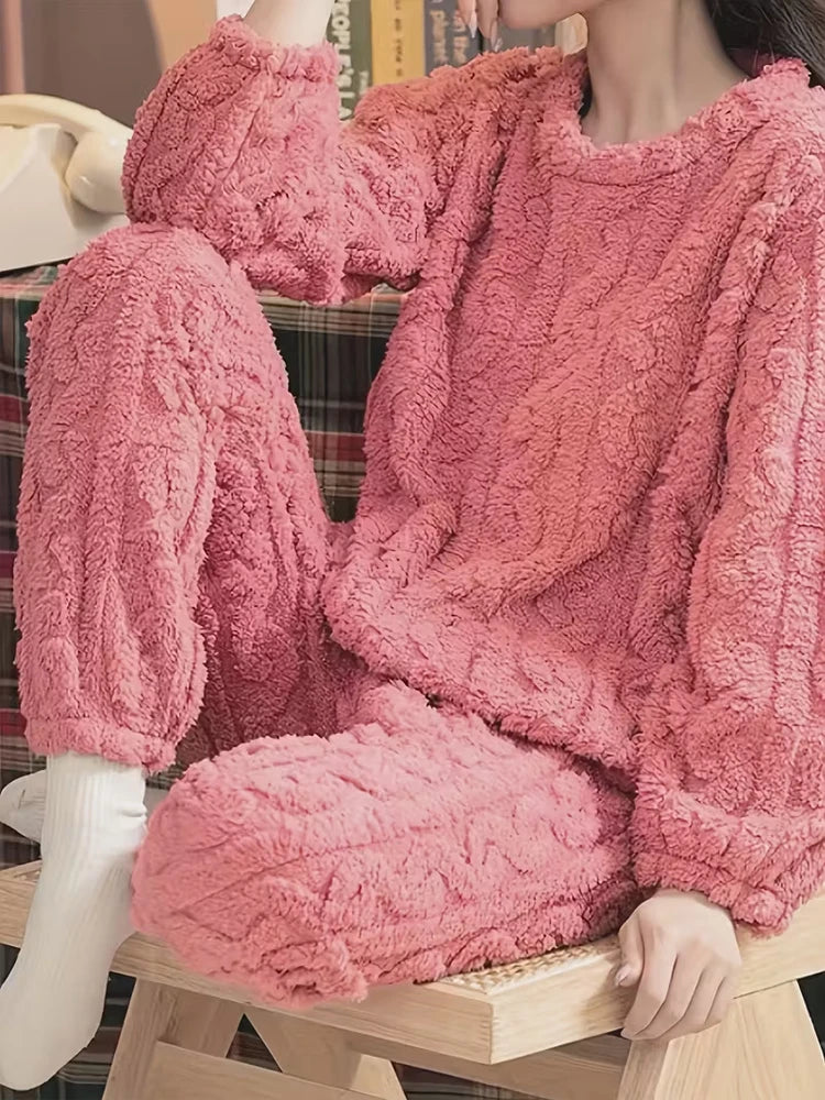 Thickened Warm Sleepwear for Women Flannel Suit with Fleece Lining Ladies Pajamas Sets Homewear Nightwear Warm Long-Sleeve Pants