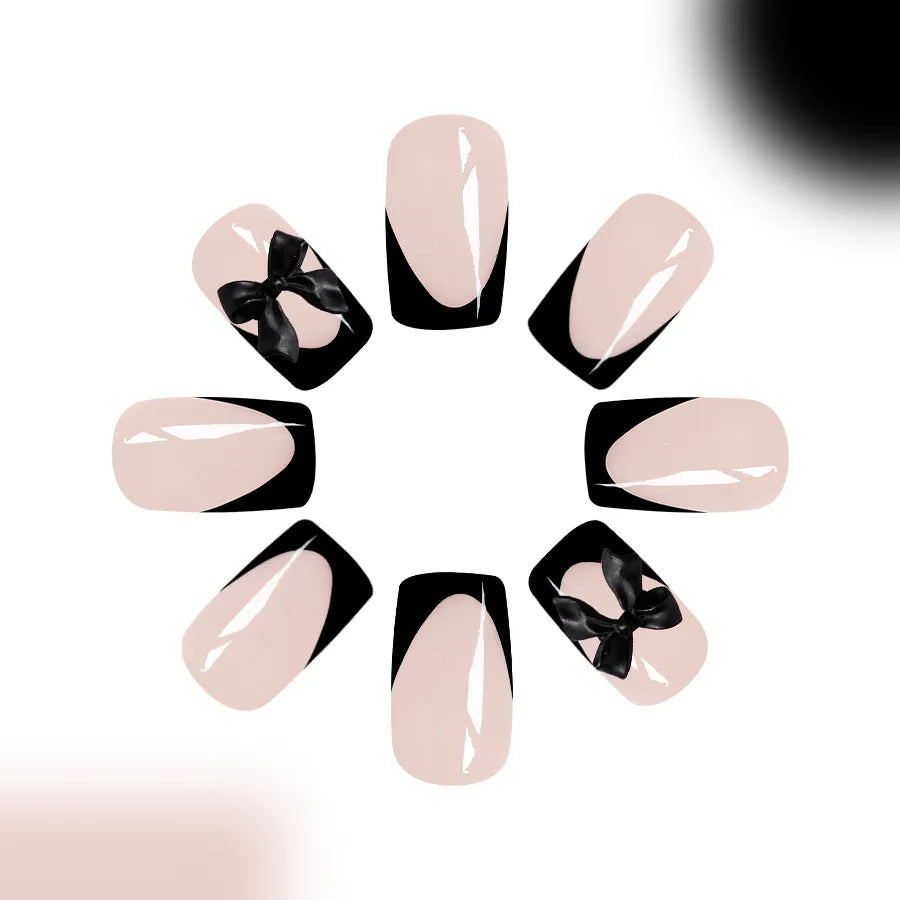 24pcs Press on Nails Short Almond Bowknot Black Press on Nails White Pearl Sweet French Tip Press on Nails Cute Nail Artificial