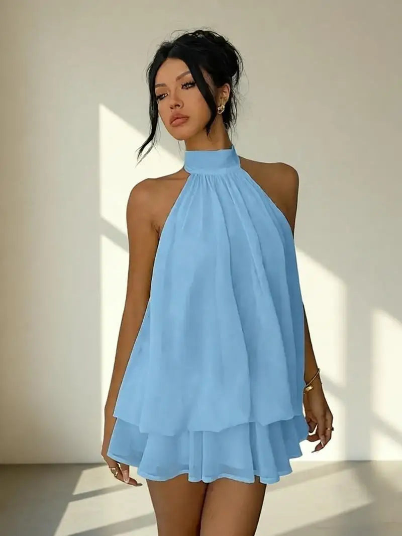 Lady Sexy Backless Halter Chiffon Mini Dress Women Chic Sleeveless Off-shoulder Pleated A-line Dresses New Summer Vacation Gowns