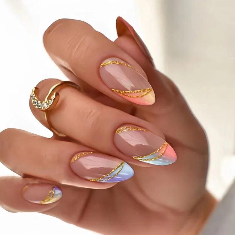 24Pcs Detachable Acrylic False Nails Press On Nail Cute Cherry French Almond Wearable Artificial Fake Nails Full Cover Nail Tips