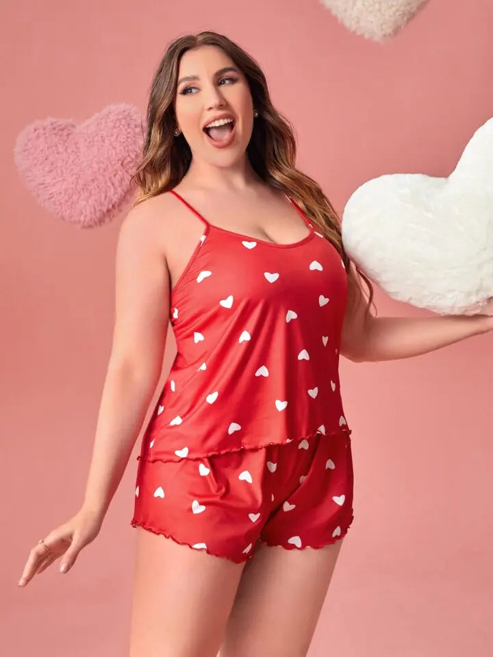 Plus-Size XL-5XL Women Pajama Set Nightgowns Cami Shorts Nightclothes  Sleeveless Nightwear Red Love Print Soft Sleepwear Summer