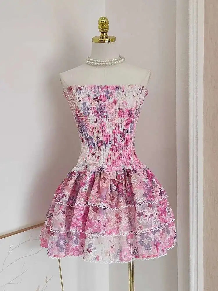 Luxury Embroidery Print Short Dresses Women 2025 Summer Holiday Stretchy Corset Bustier Ruffle Cake Dress Elegant Party Vestidos
